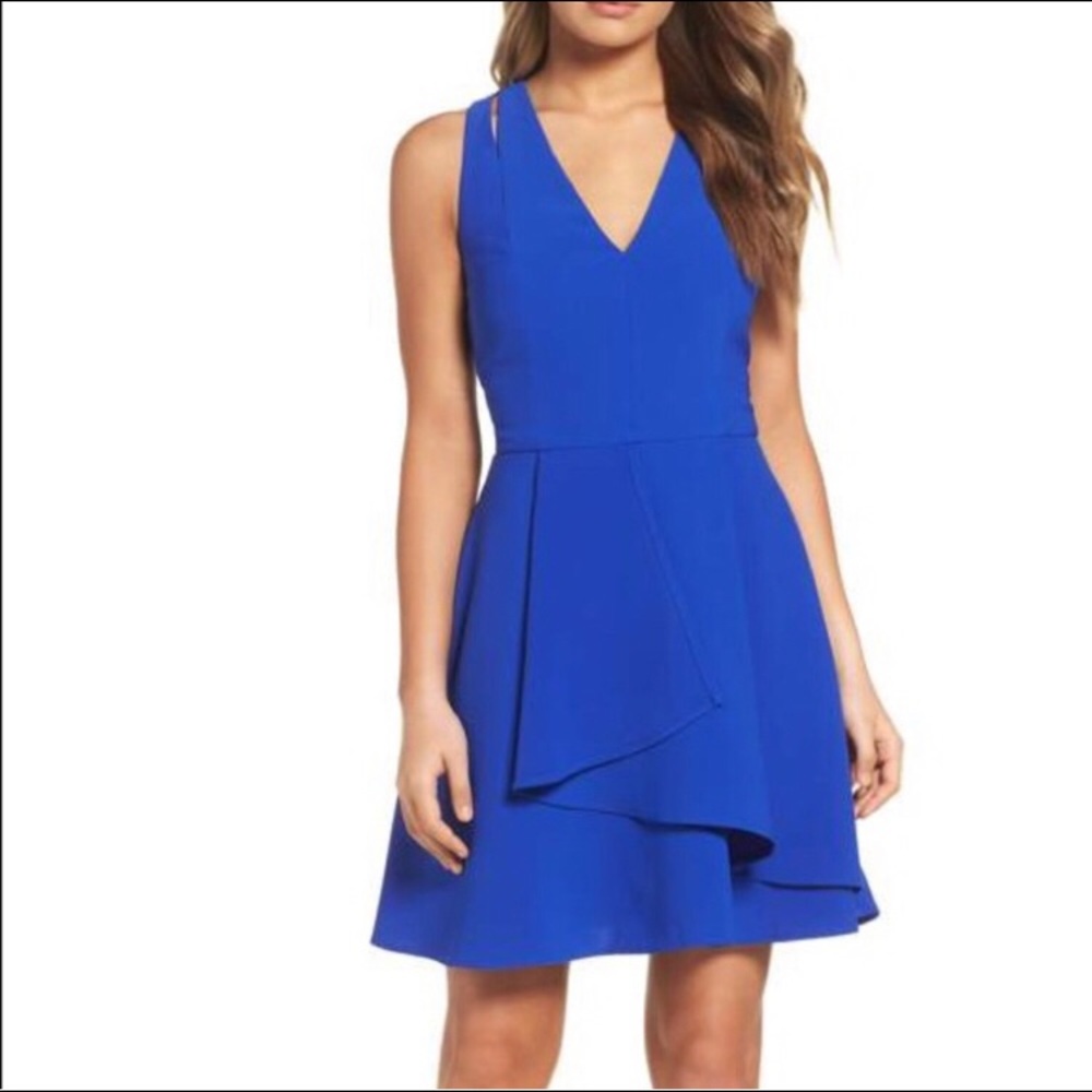 Adelyn Rae Asymmetrical Blue Dress.